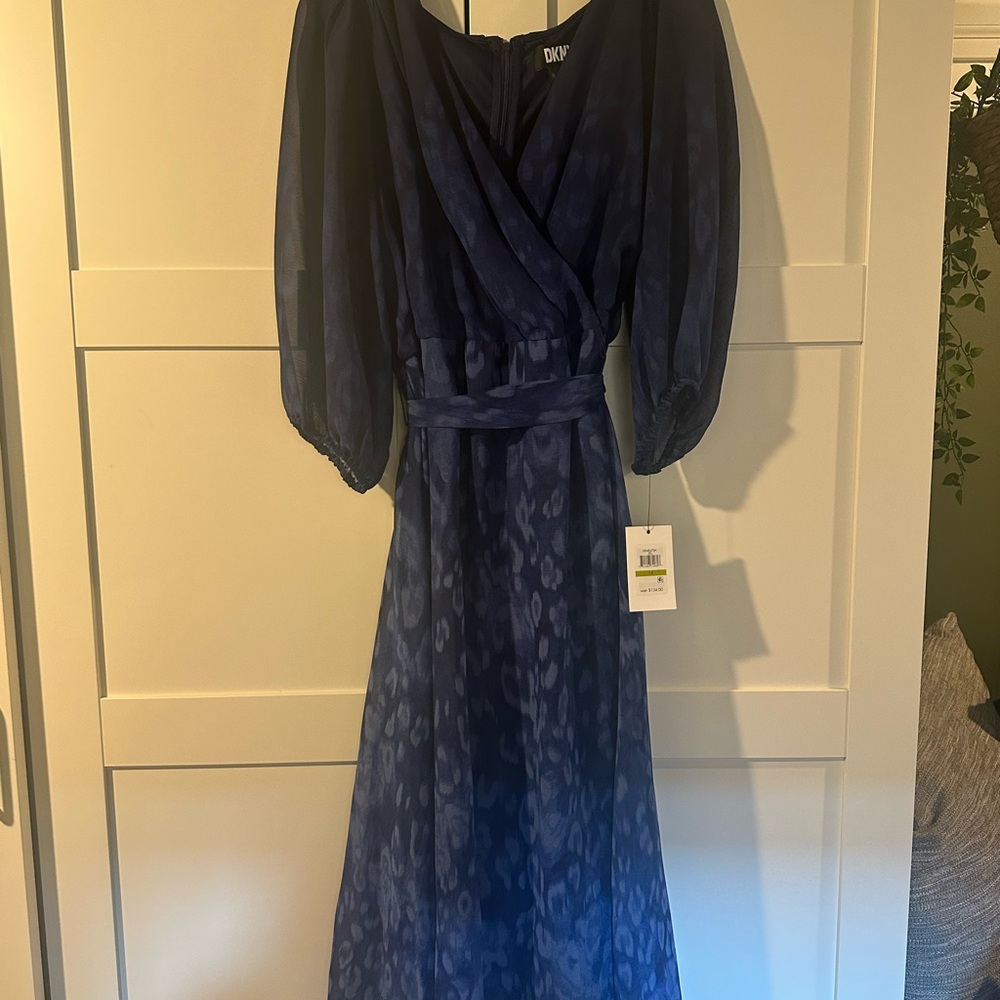 DKNY Blue Wrap Sundress with 3/4 Sleeves